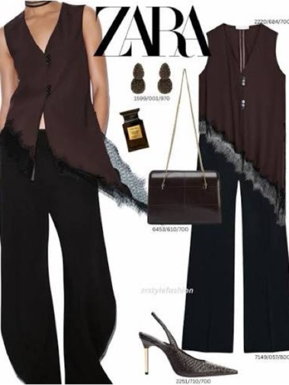 ZARA Black Wide-Leg Pants with Dark Brown Sleeveless V-Neck Top